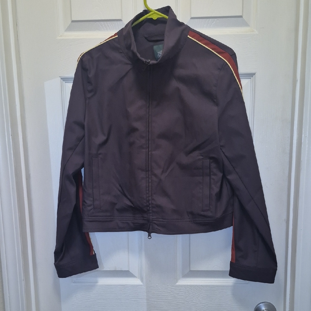 NWOT Wild Fable Brown Bomber Jacket with Brick Red and Yellow Accents
